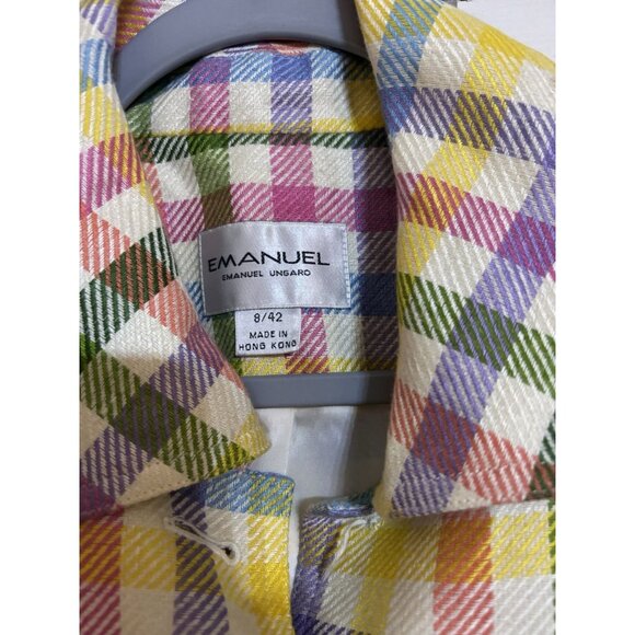 Emanuel Ungaro Vtg Colorful Plaid Blazer & Mini Skirt Set Sz 8/6 Missing Button - Picture 6 of 6